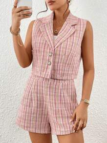 SHEIN Privé Plaid Pattern Vest Blazer & Shorts
