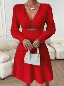 SHEIN Privé Jacquard Cut Out Front Puff Sleeve Dress - Red - View 6