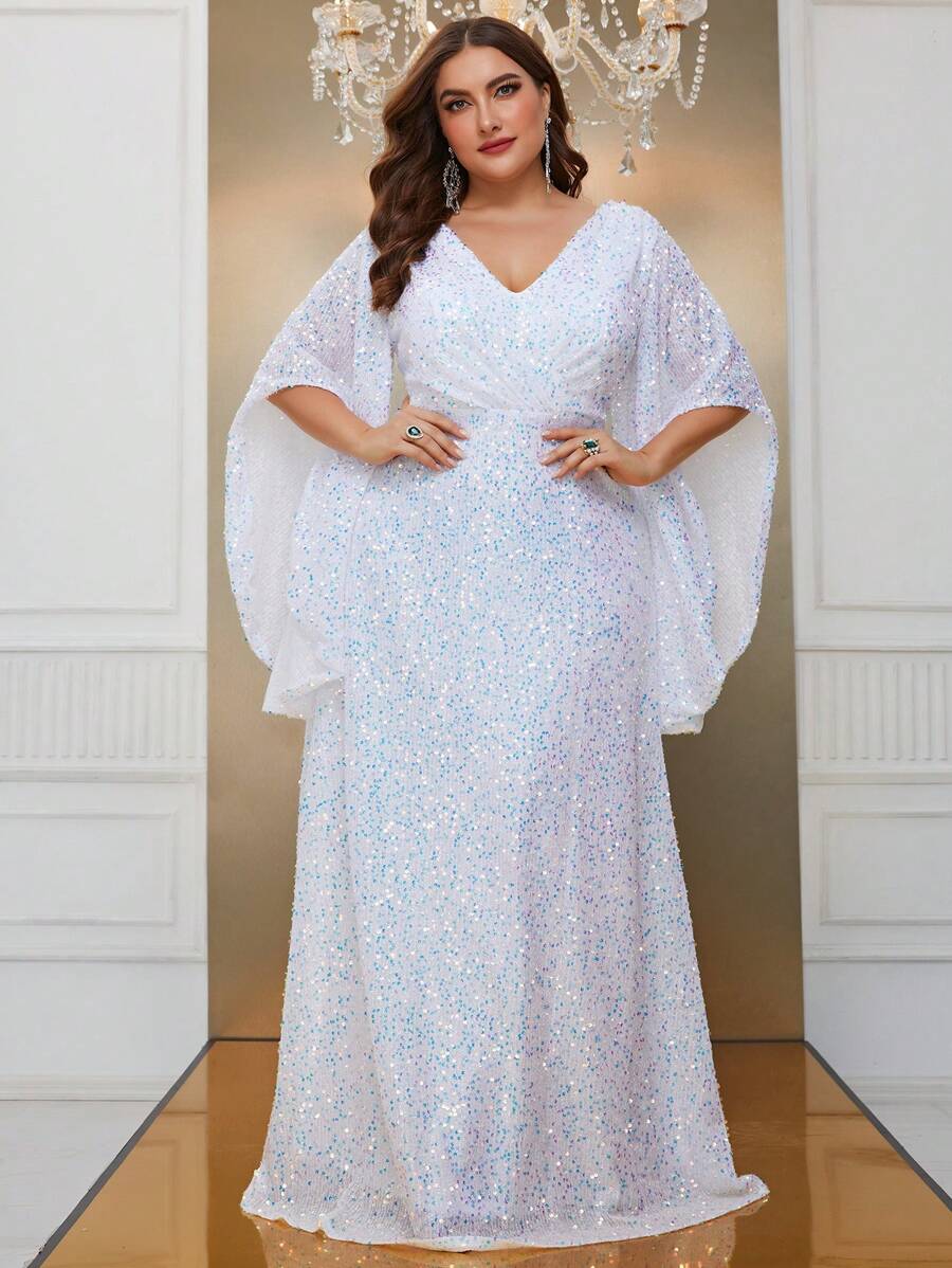 YISIKADO 加大亮片喇叭袖连衣裙 - 白色 - 查看 1