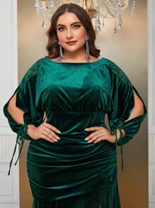 YISIKADO Plus Split Thigh Knot Cuff Velvet Dress - Dark Green - View 6