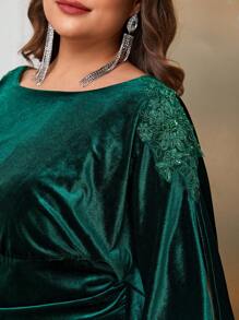 YISIKADO Plus Split Thigh Knot Cuff Velvet Dress - Dark Green - View 7