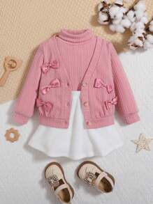 SHEIN 女嬰前蝴蝶結外套&半身裙&高領T恤 - 彩色 - 查看 3