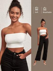 SHEIN BASICS 夏季實心休閒針織短款管頂 - 白色 - 查看 2