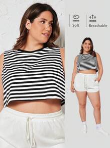 SHEIN BASICS 大碼條紋印花短款背心 - 黑與白 - 查看 2