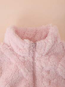 SHEIN Áo khoác cổ đứng họa tiết hoa lông cừu thoải mái cho bé gái, dày vừa phải - Màu Hồng baby - Xem 4