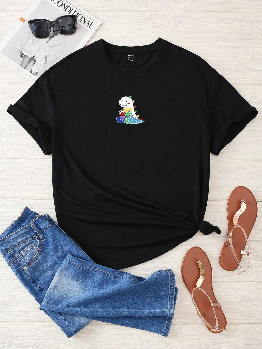 SHEIN EZwear Cartoon Dinosaur Tee - Black - View 1
