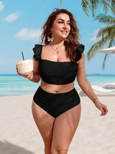 Swim Lushoire Plus Size Ruffle Trim High Waisted Bikini Set,Summer Beach