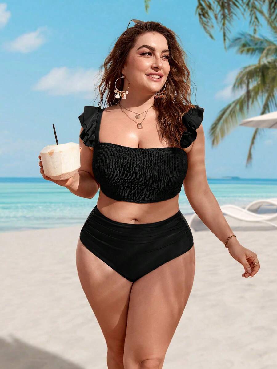Swim Lushoire Plus Size Ruffle Trim High Waisted Bikini Set,Summer Beach - Black - View 1