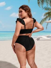 Swim Lushoire Plus Size Ruffle Trim High Waisted Bikini Set,Summer Beach - Black - View 2