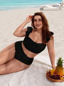 Swim Lushoire Plus Size Ruffle Trim High Waisted Bikini Set,Summer Beach - Black - View 4