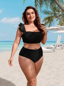 Swim Lushoire Plus Size Ruffle Trim High Waisted Bikini Set,Summer Beach - Black - View 5