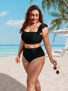 Swim Lushoire Plus Size Ruffle Trim High Waisted Bikini Set,Summer Beach - Black - View 7