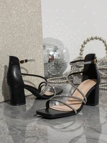 Square Toe Thick High Heel Rhinestone Decorated Elegant Glossy Dress Sandals, Suitable For Formal Party & Event, Fashion & Versatile,Spring Summer Outfits - Black - View 4