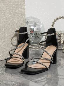 Square Toe Thick High Heel Rhinestone Decorated Elegant Glossy Dress Sandals, Suitable For Formal Party & Event, Fashion & Versatile,Spring Summer Outfits - Black - View 5