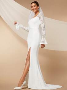 SHEIN Belle Vestido de novia con encaje en contraste de manga con volante de muslo con abertura sin velo - Blanco - Ver 6