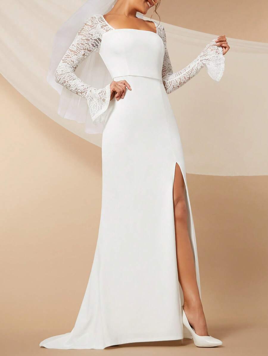 SHEIN Belle Vestido de novia con encaje en contraste de manga con volante de muslo con abertura sin velo - Blanco - Ver 1