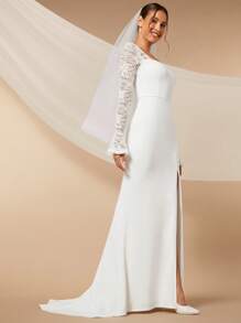 SHEIN Belle Vestido de novia con encaje en contraste de manga con volante de muslo con abertura sin velo - Blanco - Ver 8