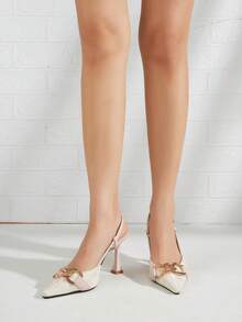 Zapatos de tacón alto con punta y bordado con correa trasera - Rosa - Ver 3