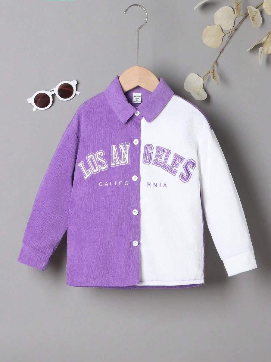 SHEIN Young Girl Leisure Style Two-Tone Color Block Alphabet Embroidery Pattern Jacket Coat - Multicolor - View 1