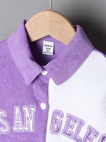 SHEIN Young Girl Leisure Style Two-Tone Color Block Alphabet Embroidery Pattern Jacket Coat - Multicolor - View 3