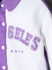 SHEIN Young Girl Leisure Style Two-Tone Color Block Alphabet Embroidery Pattern Jacket Coat - Multicolor - View 6