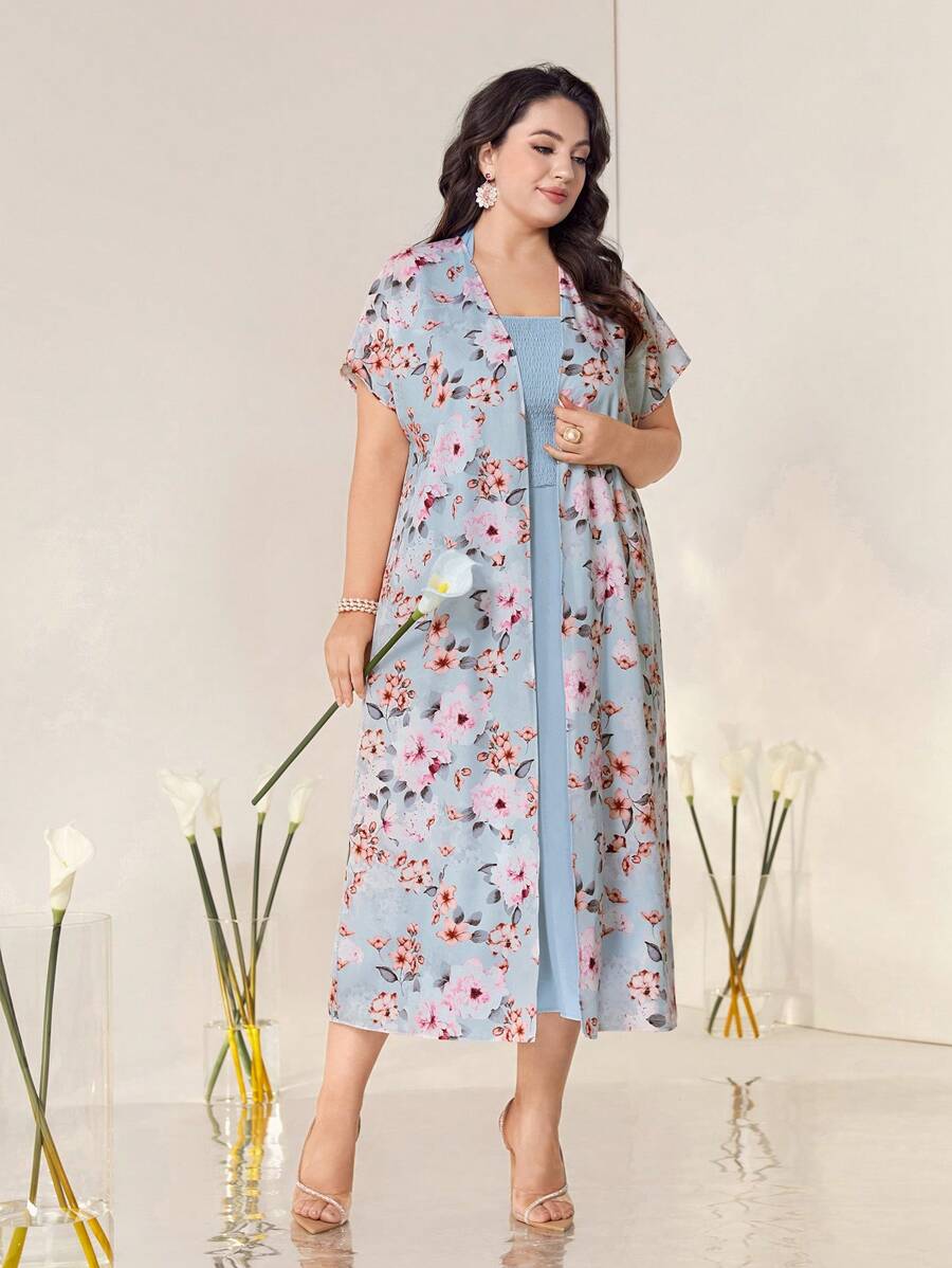 Mulvari Plus Floral Print Batwing Sleeve Coat & Dress - Multicolor - View 1