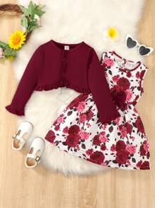 SHEIN 女小童印花荷葉袖連衣裙&荷葉邊夾克 - 酒紅色 - 查看 3