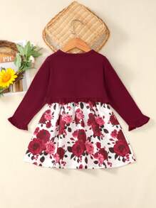 SHEIN 女小童印花荷葉袖連衣裙&荷葉邊夾克 - 酒紅色 - 查看 2