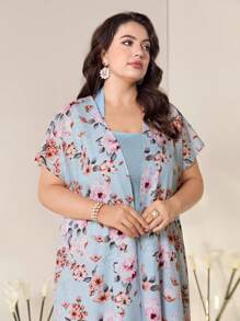 Mulvari Plus Floral Print Batwing Sleeve Coat & Dress - Multicolor - View 6