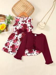 SHEIN 女小童印花荷葉袖連衣裙&荷葉邊夾克 - 酒紅色 - 查看 1