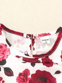 SHEIN 女小童印花荷葉袖連衣裙&荷葉邊夾克 - 酒紅色 - 查看 5