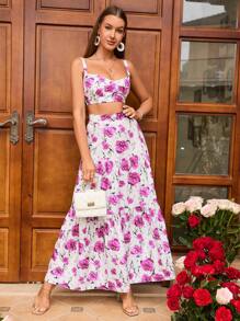 PARTHEA Top de tirantes con estampado floral & Falda fruncido bajo con fruncido - Rosa - Ver 1