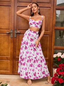 PARTHEA Top de tirantes con estampado floral & Falda fruncido bajo con fruncido - Rosa - Ver 3