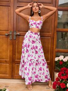 PARTHEA Top de tirantes con estampado floral & Falda fruncido bajo con fruncido - Rosa - Ver 5