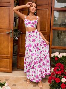 PARTHEA Top de tirantes con estampado floral & Falda fruncido bajo con fruncido - Rosa - Ver 7