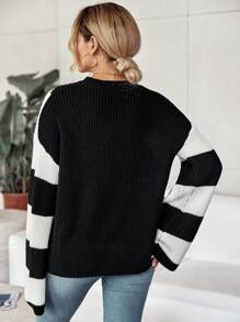 Chiquease Suéter de punto de hombros caídos de dos tonos para otoño e invierno - Blanco y Negro - Ver 2