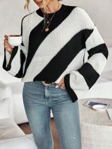 Chiquease Suéter de punto de hombros caídos de dos tonos para otoño e invierno - Blanco y Negro - Ver 3