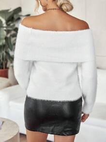 EMERY ROSE Áo len dài tay cổ bẻ trễ vai, chất liệu mềm mại, thích hợp mặc mùa thu đông. - trắng - Xem 2