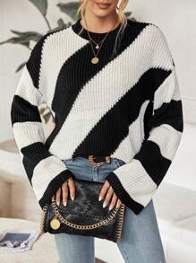 Chiquease Suéter de punto de hombros caídos de dos tonos para otoño e invierno - Blanco y Negro - Ver 7