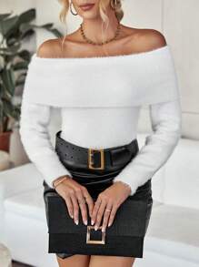 EMERY ROSE Áo len dài tay cổ bẻ trễ vai, chất liệu mềm mại, thích hợp mặc mùa thu đông. - trắng - Xem 5