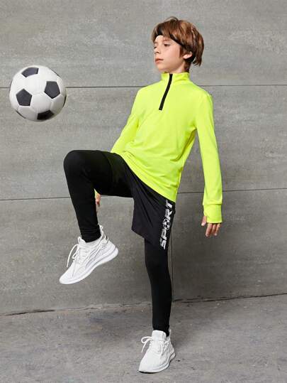 SHEIN Tween Boy Half Zip Sports Jacket & Letter Graphic 2 In 1 Active Tights