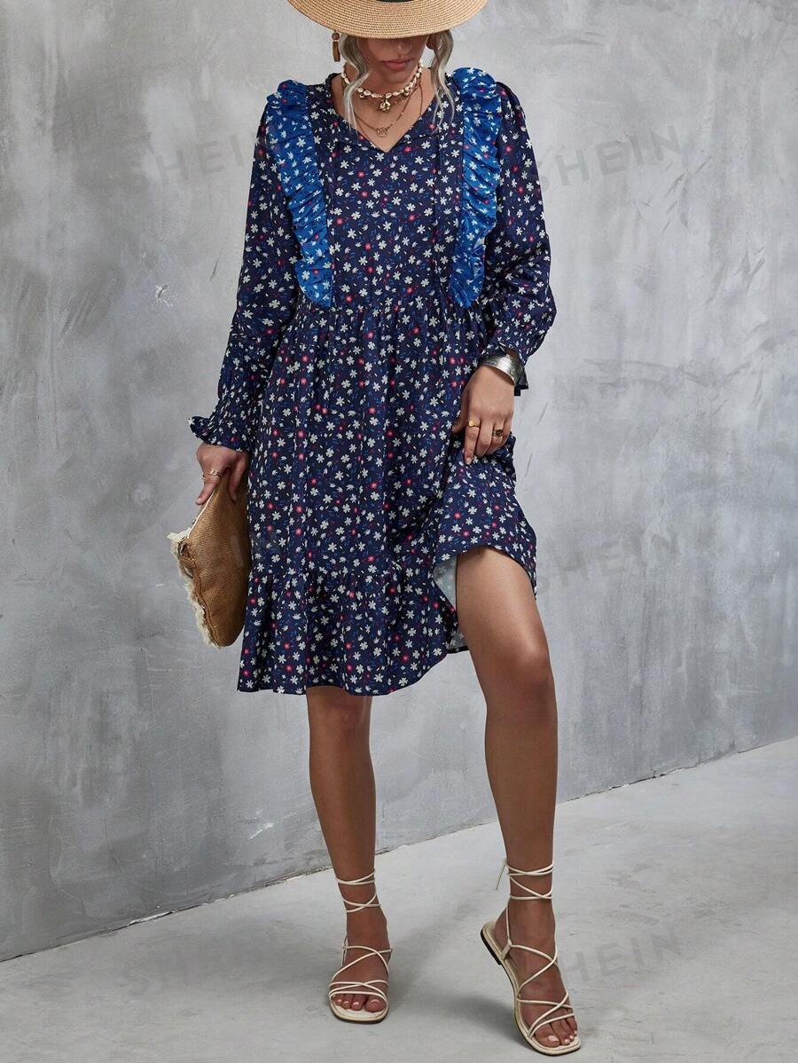 GENKIRA Vestido smock con estampado floral de cuello con cordón de manga con volante bajo con fruncido - Multicolor - Ver 1