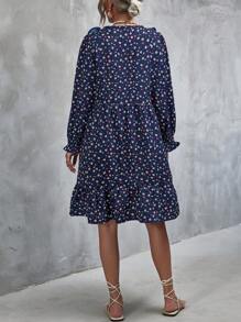 GENKIRA Vestido smock con estampado floral de cuello con cordón de manga con volante bajo con fruncido - Multicolor - Ver 2