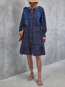 GENKIRA Vestido smock con estampado floral de cuello con cordón de manga con volante bajo con fruncido - Multicolor - Ver 3