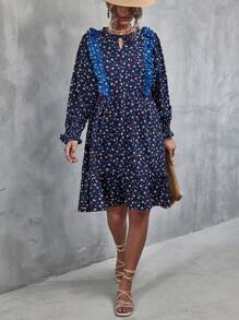 GENKIRA Vestido smock con estampado floral de cuello con cordón de manga con volante bajo con fruncido - Multicolor - Ver 4