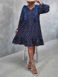 GENKIRA Vestido smock con estampado floral de cuello con cordón de manga con volante bajo con fruncido - Multicolor - Ver 5
