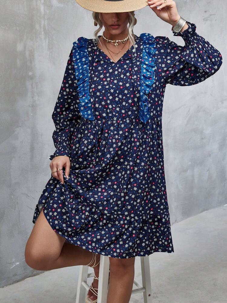 Ditsy Floral Print Tie Neck Flounce Sleeve Ruffle Hem Smock Dress Fall Cloth For Women