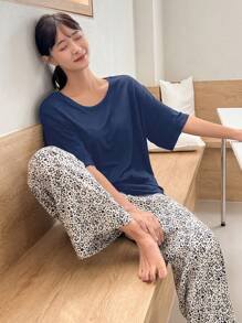 DAZY Solid Drop Shoulder Tee & Dalmatian Print Trousers Lounge Set - Dusty Blue - View 1