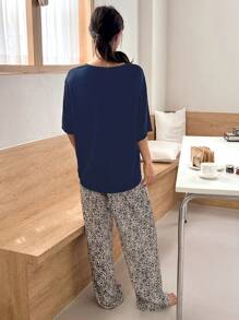 DAZY Solid Drop Shoulder Tee & Dalmatian Print Trousers Lounge Set - Dusty Blue - View 2