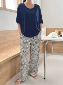 DAZY Solid Drop Shoulder Tee & Dalmatian Print Trousers Lounge Set - Dusty Blue - View 3